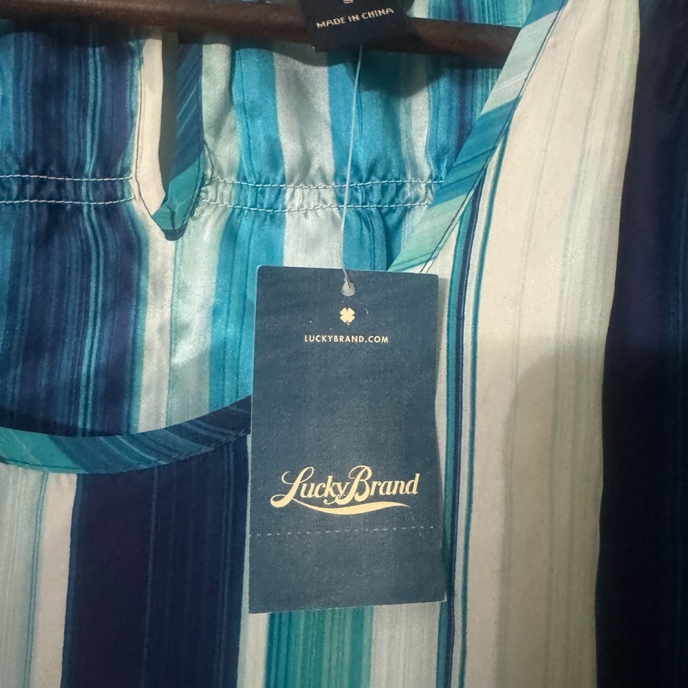 NWT Lucky Brand 100% Silk Striped Cap Sleeve Blouse Top Blue Teal Women’s Small - Picture 6 of 10
